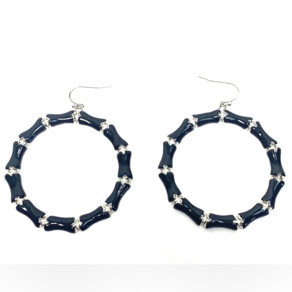 Cloisonné Hoop Earrings Black/Silver, Fish Hook Backs, 2.25” - Picture 1 of 3